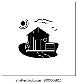 Beach hut glyph icon. Wooden comfortable house on beach. Surfboards. Seascape. Rest concept. Filled flat sign. Isolated silhouette vector illustration
