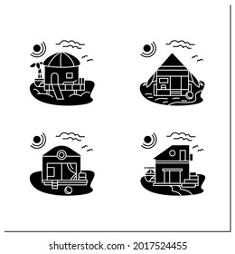 Beach hut glyph icons set. Modern facade comfortable houses on beach. Perfect relax place. Seascape. Rest concept. Filled flat signs. Isolated silhouette vector illustrations