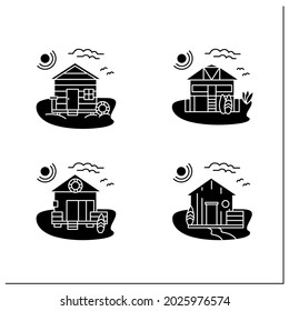 Beach hut glyph icons set. Modern facade comfortable houses on beach. Perfect relax place. Seascape. Rest concept. Filled flat signs. Isolated silhouette vector illustrations