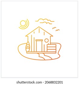 Beach hut gradient icon. Wooden comfortable house on beach. Surfboards. Seascape. Rest concept. Isolated vector illustration.Suitable to banners, mobile apps and presentation