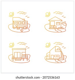 Die Farbverlauf-Symbole der Strandhütte werden eingestellt. Moderne Fassade, komfortable Häuser am Strand. Perfekter Erholungsort. Seascape. Übriges Konzept.Einzelne Vektorgrafiken.Geeignet für Banner, mobile Apps und Präsentationen