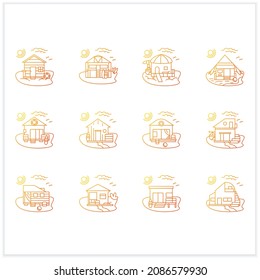 Beach hut gradient icons set. Modern facade comfortable houses on beach. Perfect relax place. Seascape. Rest concept.Isolated vector illustrations.Suitable to banners, mobile apps and presentation
