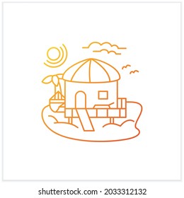 Icono de la cabaña de playa.Bungalow tropical confortable en la playa. Techo redondo. Palmas, capa marina. Un lugar relajante. Concepto de descanso.Ilustración vectorial aislada.Adecuada para banners, aplicaciones móviles y presentación