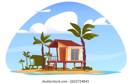 Beach hut. House by sea. Oceanfront vacation bungalow. Tropical island with cottage and palms. Seashore building. Summertime travel in Hawaii. Nature landscape. Vector