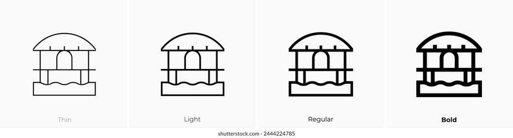 Strandhütten-Symbol. Dünnes, leichtes Regular- und Bold-Design isoliert auf weißem Hintergrund