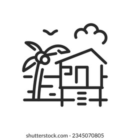 Beach Hut Icon. Vector Outline Editable Sign of Seaside Cabin near the beach and seaside. Linear Minimal Illustration for Coastal Vacation and Relaxation.