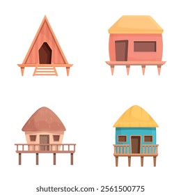 Beach hut icons set cartoon vector. Wooden bungalow or island resort house. Tropical resort object