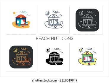 Beach hut icons set. Modern comfortable hotel room on beach. Perfect relax place. Seascape. Rest concept.Collection of icons in linear, filled, color styles.Isolated vector illustrations