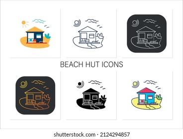 Beach hut icons set. Modern facade comfortable house on beach. Perfect relax place. Seascape. Rest concept.Collection of icons in linear, filled, color styles.Isolated vector illustrations