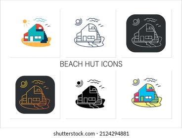 Beach hut icons set. Modern facade comfortable house on beach. Perfect relax place. Seascape.Collection of icons in linear, filled, color styles.Isolated vector illustrations