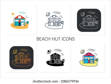 Beach hut icons set. Wooden comfortable house on beach. Surfboards. Relaxing place. Rest concept. Collection of icons in linear, filled, color styles.Isolated vector illustrations