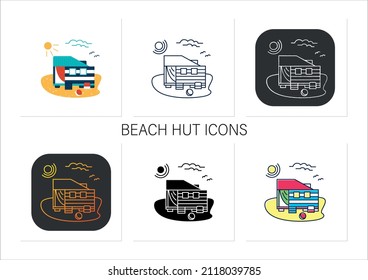 Beach hut icons set. Wooden facade, comfortable house on beach. Perfect relax place. Seascape. Rest concept.Collection of icons in linear, filled, color styles.Isolated vector illustrations