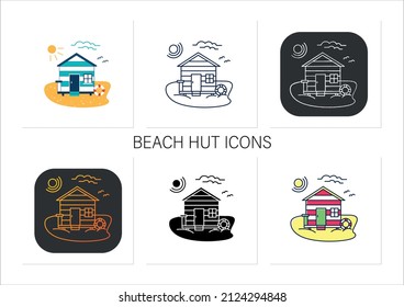 Beach hut icons set. Wooden comfortable house on beach. Lifebuoy. Seascape. Rest. Collection of icons in linear, filled, color styles.Isolated vector illustrations 