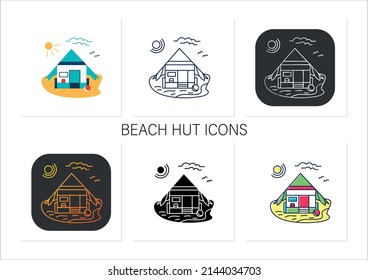 Beach hut icons set. Wooden comfortable house on beach. Triangle roof facade. Seascape. Rest concept. Collection of icons in linear, filled, color styles.Isolated vector illustrations