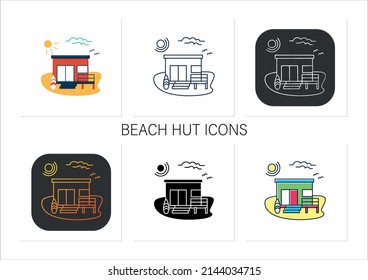 Beach hut icons set. Wooden comfortable house on beach. Surfboards. Rest concept. Isolated vector illustration.Collection of icons in linear, filled, color styles.Isolated vector illustrations