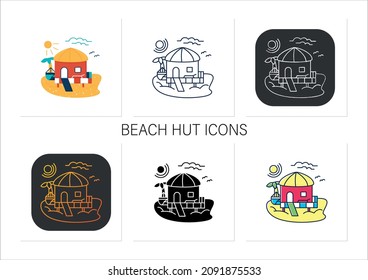 Beach hut icons set.Tropical comfortable bungalow on beach. Round roof. Palms, seascape. Relaxing place. Rest concept.Collection of icons in linear, filled, color styles.Isolated vector illustrations