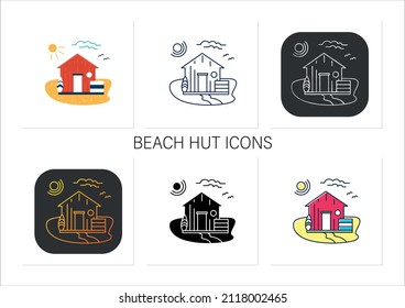 Beach hut icons set.Wooden comfortable house on beach.Surfboards. Seascape. Rest concept. Isolated vector illustration.Collection of icons in linear, filled, color styles.Isolated vector illustrations