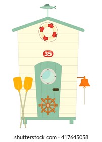 Beach Hut. Isolated on White Background. Summer Poster. Advertisement for Family Summer Vacation in Beach Houses. Vector Illustration.