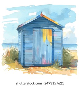 beach hut lanscape vector illustration in watercolour style