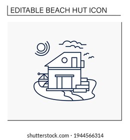 Beach hut line icon. Modern facade comfortable house on beach. Perfect relax place. Seascape. Rest concept. Isolated vector illustration. Editable stroke