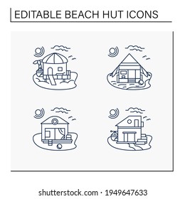 Beach hut line icons set. Modern facade comfortable houses on beach. Perfect relax place. Seascape. Rest concept. Isolated vector illustrations. Editable stroke