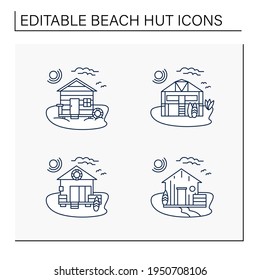 Beach hut line icons set. Modern facade comfortable houses on beach. Perfect relax place. Seascape. Rest concept. Isolated vector illustrations. Editable stroke