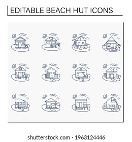 Beach hut line icons set. Modern facade comfortable houses on beach. Perfect relax place. Seascape. Rest concept. Isolated vector illustrations. Editable stroke