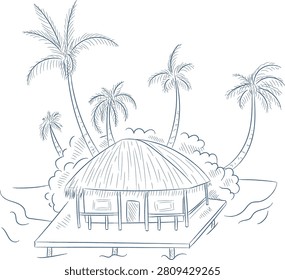Beach hut on stilts with thatched roof and palm trees, line hatching and loose strokes. Symbol of vacation, escape, relaxation, retreat, and wanderlust. Cartoon vector illustration.