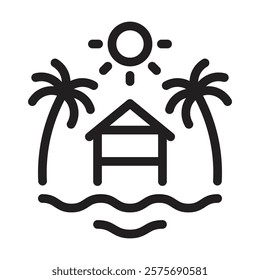 Beach hut with palm trees icon. Editable line icon. Vector illustration