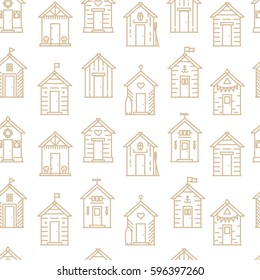 Beach hut pattern, flat line style, beige and white. 
