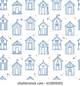 Beach hut pattern, flat line style, blue and white. Variety of designs with different decoration, bunting, surf board, fish, flower pots, life buoy, paddles, flags. Vector seamless background.
