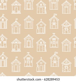 Beach hut pattern, flat line style, beige and white. Variety of designs with different decoration, bunting, surf board, fish, flower pots, life buoy, paddles, flags. Vector seamless background simple.