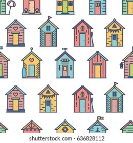 Beach hut pattern, flat line style, colored on white. Variety of designs with different decoration, bunting, surf board, fish, flower pot, life buoy, paddles, flags. Vector seamless background simple.