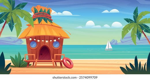 Beach hut. Sea shack, hut in tropical island exotic hawaii bungalow hotel cottage turquoise ocean cartoon landscape house with palm trees shore summer swanky vector illustration original artwork