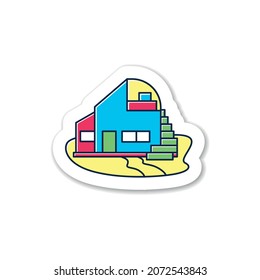 Beach hut sticker. Modern facade comfortable house on beach. Perfect relax place badge for designs. Seascape. Rest vector emblem