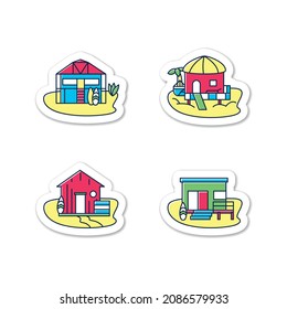 Beach hut stickers. Modern facade comfortable houses on beach. Perfect relax place badge for designs. Seascape. Rest vector emblem