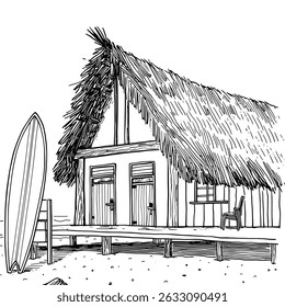 A beach hut with thatched roof and surfboard nearby