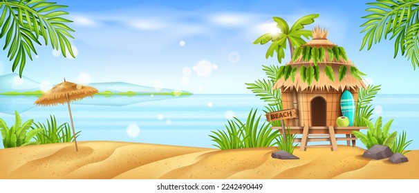 Beach hut, tiki bamboo shack, vector Hawaiian house, summer cartoon island bungalow, tropical ocean. Palm tree leaf, surfboard, sun umbrella, exotic vacation landscape. Caribbean beach hut banner