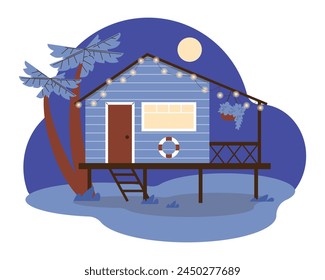 Beach hut vector illustration. Secluded wooden house on stilts with a lifebuoy near a palm tree. Beach house night scene in flat style for stickers or decor.