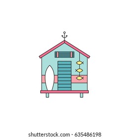 Beach hut vector thin line icon. Colored isolated symbol. Logo template, element for summer products, travel agency, tour brochure, banner. Simple mono linear modern design.