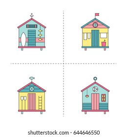 Beach hut vector thin line icons set. Colored isolated symbols. Logo templates, elements for summer products, travel agency, tour brochure, banner. Simple mono linear modern design.