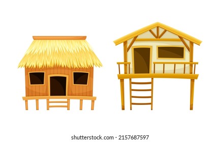 Beach huts or bungalows. Tropical island resort objects cartoon vector illustration