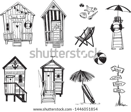 beach huts by the sea, set of beach life icons, vector sketch.