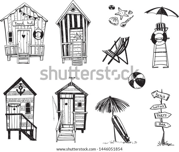 beach huts by the sea, set of beach life icons,\
vector sketch.