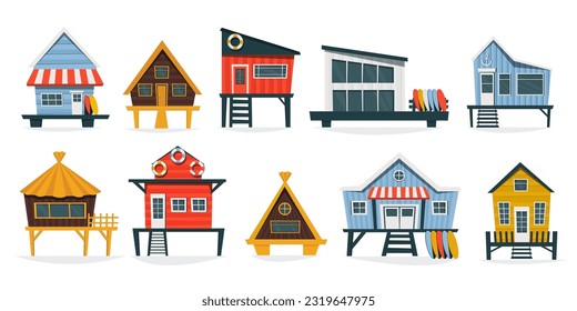 Beach huts collection. Cartoon summer vacation bungalow with roof and veranda, cottage house facade with doors and windows. Vector isolated set of hut near ocean, building tropical illustration