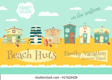 Beach Huts on Seafront. Summer Poster. Advertisement for Family Summer Vacation in Beach Houses. Vector Illustration.