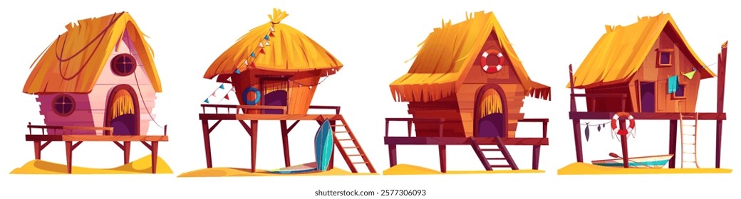 Beach huts set isolated on white background. Vector cartoon illustration of tropical island houses on sand, straw roof and bamboo walls, windows and door, wooden ladder, decorated with color flags