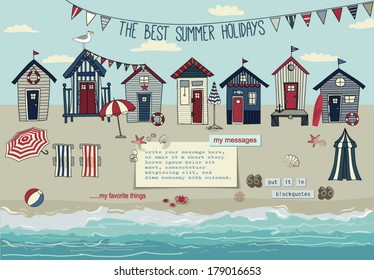 Casas de playa - Afiche de verano y anuncio para vacaciones junto al mar, con literación, tumbonas, sombrillas, accesorios, playa de arena y notas de papel con mucho espacio para copiar, dibujadas a mano