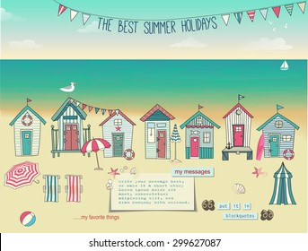 Casas de playa - Afiche de verano y anuncio para vacaciones junto al mar, con literación, tumbonas, sombrillas, accesorios, orilla de arena y notas de papel con mucho espacio para copiar, dibujadas a mano