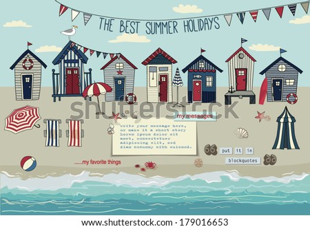 Beach Huts - Summer poster and advertisement for seaside vacation, with bunting, lounge chairs, umbrellas, accessories, sandy beach and paper notes with plenty of copy space, hand drawn